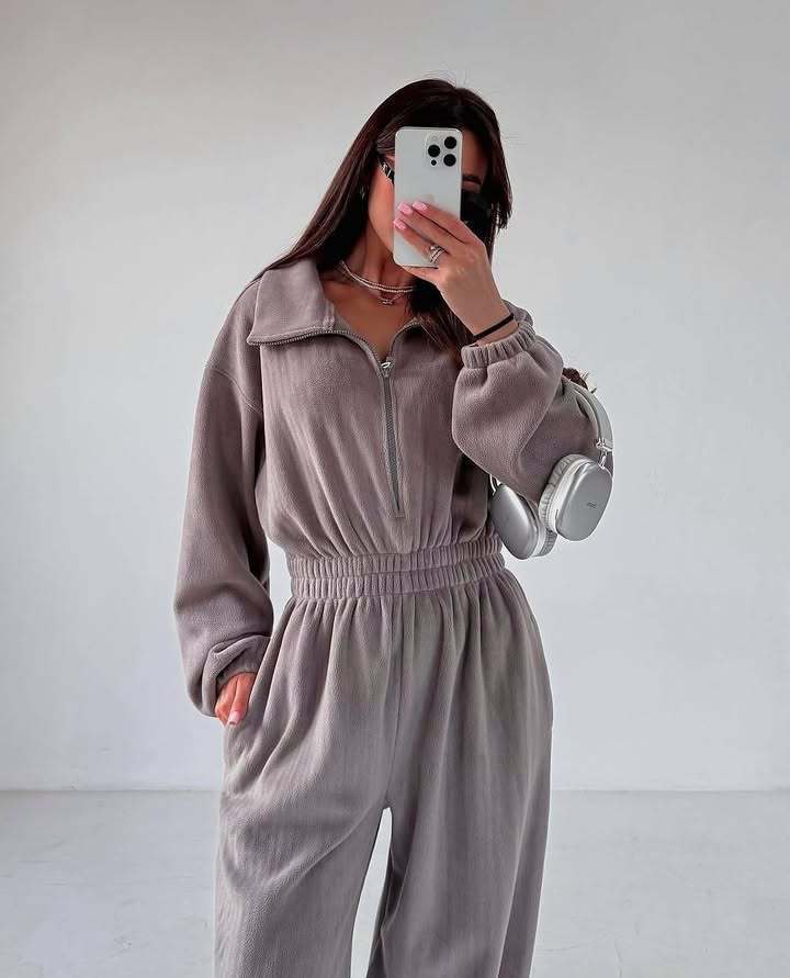 Damen kuscheliger Plüsch-Jumpsuit mit halbem Reißverschluss und elastischer Taille Drune