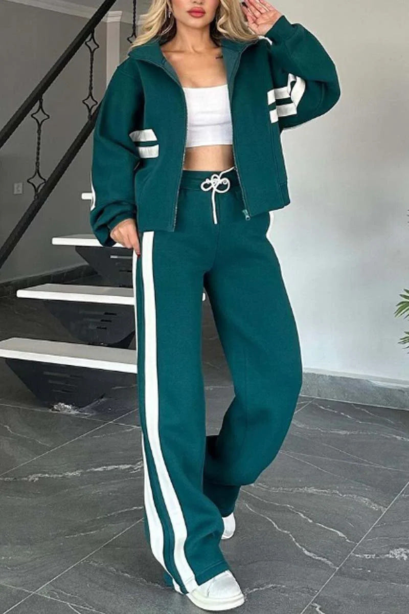 Drune | Gestreifte Zip up Cropped Sweatshirtjacke und Sporthose Zwei Teile Satz