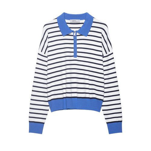 Damen Gestreiftes Cropped Strickpolo mit halbem Reißverschluss und breitem Rippbund Drune