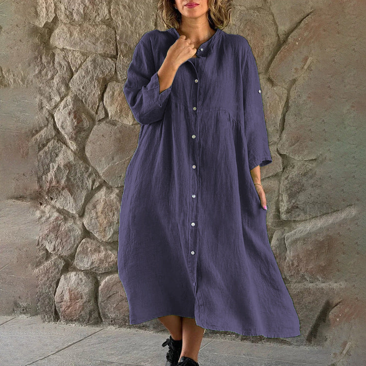 Damen Locker Midi Kleid aus Leinenmischung mit durchgehendem Knopfleiste und Seitentaschen Drune