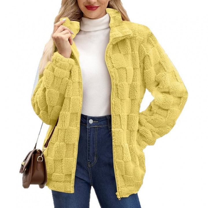 Damen Teddyjacke mit Karo-Struktur, Stehkragen und Reißverschluss Drune