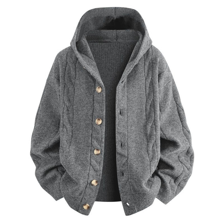 Damen Oversize-Kapuzen-Strickjacke mit Zopfmuster & Knopfleiste Drune