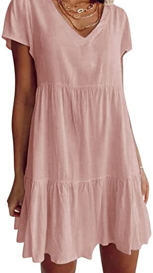 Damen lässiges und leichtes Sommerkleid mit V-Ausschnitt und voluminösem Rock Drune