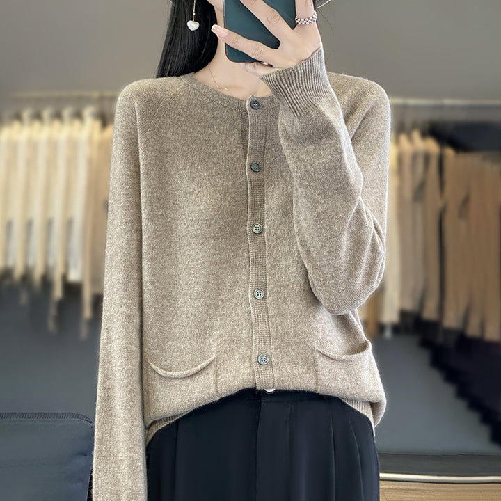 Damen Langer Feinstrick-Cardigan mit Rundhalsausschnitt, Eingrifftaschen und Alpaka-Mix Drune
