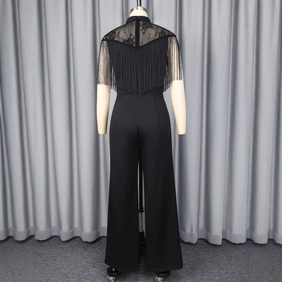 Damen eleganter Jumpsuit mit fransendem Spitzeneinsatz Drune