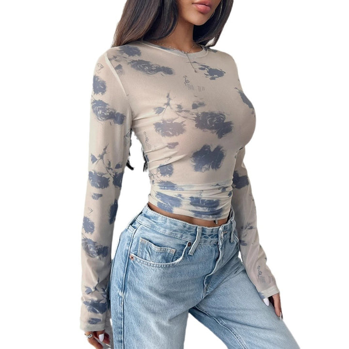 Damen nan figurbetontes tailliertes bauchfreies Mesh-Oberteil mit Rundhals, verlängerten Ärmeln, Daumenlöchern und dezentem Batikmuster Drune