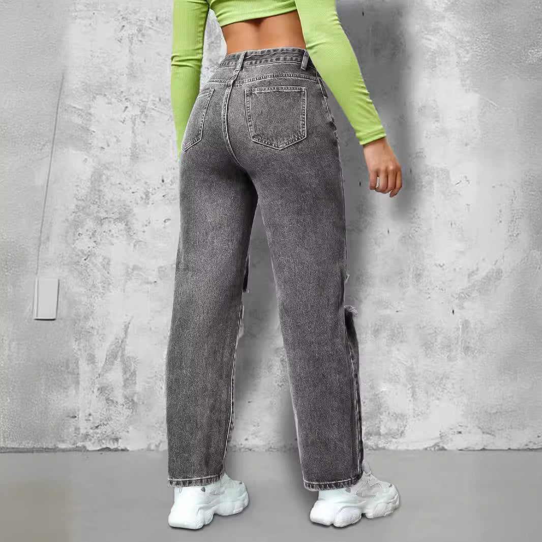 Damen High‑Waist Ripped Straight‑Leg Jeanshose mit Knie‑Cutouts und Used‑Wash Drune
