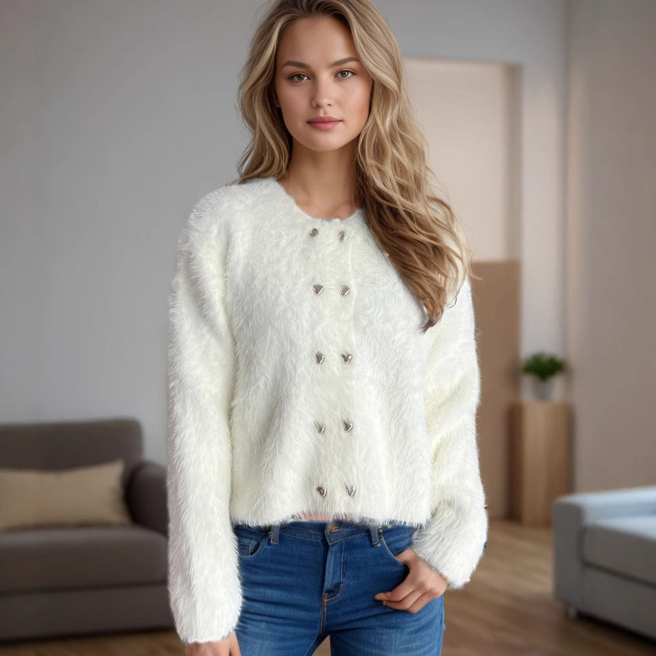 Damen weich gestrickter Bolero mit dekorativen Herzknöpfen Drune