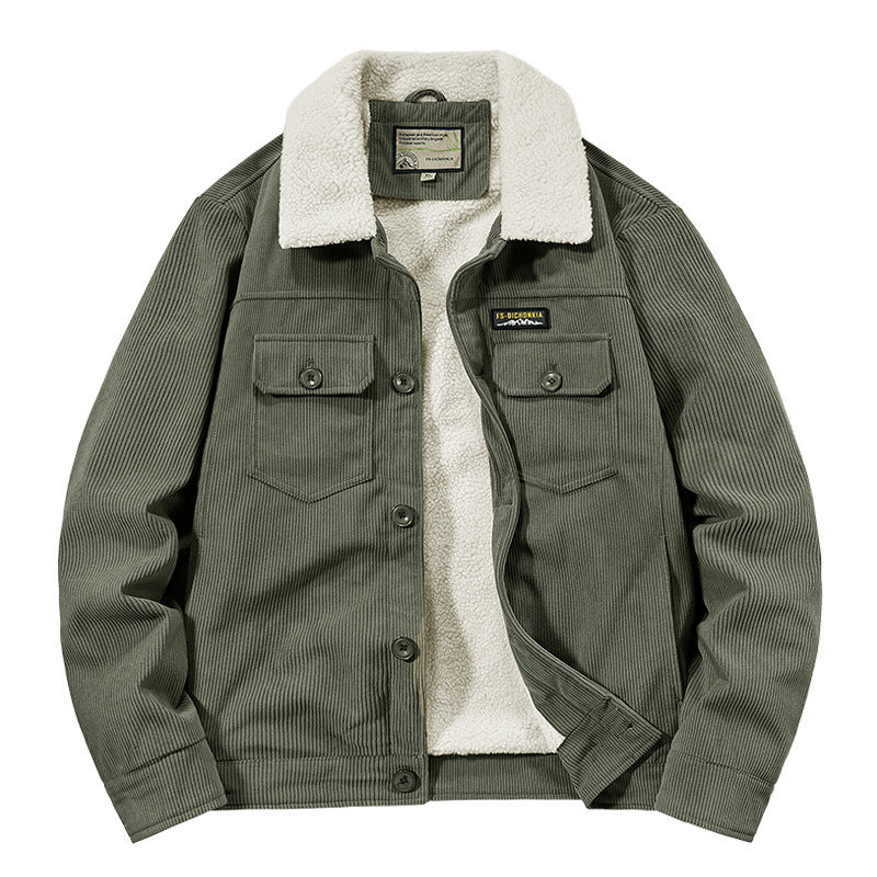 Herren Cord-Workjacke mit Sherpa-Innenfutter, Reverskragen und Druckknopfleiste Drune