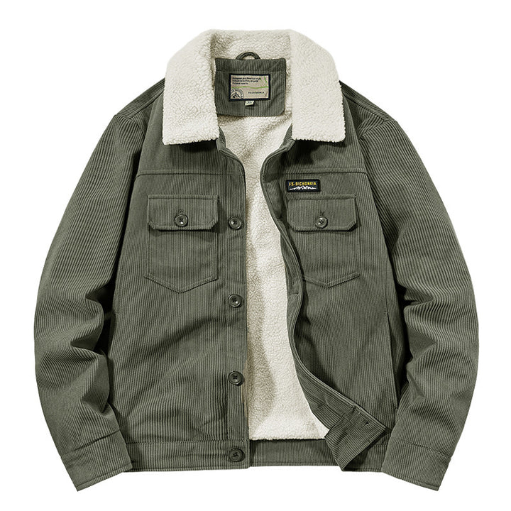 Herren Cord-Workjacke mit Sherpa-Innenfutter, Reverskragen und Druckknopfleiste Drune