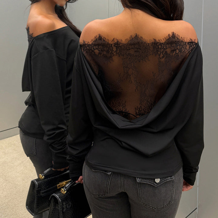 Damen Drapiertes Langarm-Top mit tiefem Wasserfall-Rücken und feinem Spitzen-Backpanel Drune