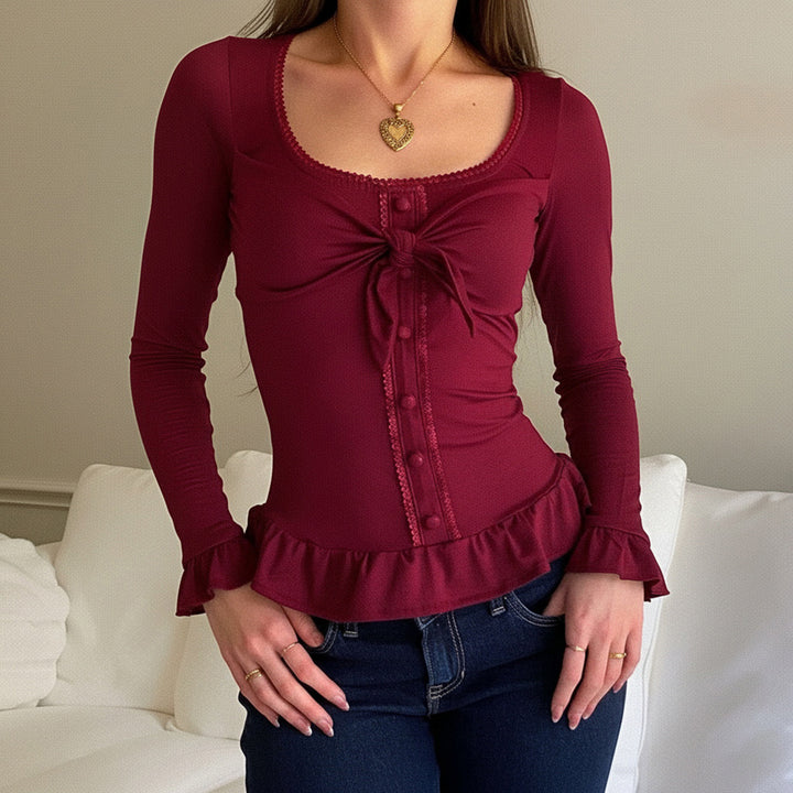 Damen Tailliertes Langarm-Cropped-Top mit Zierschleife, Knopfleiste und Volantbund Drune