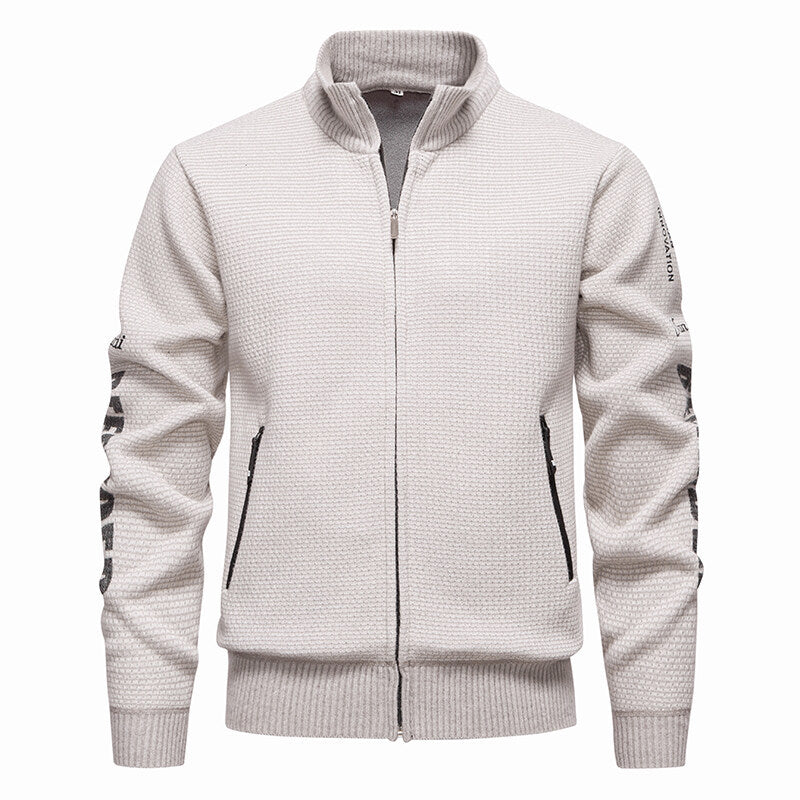 Herren Strukturierte Strickzipjacke mit Waffelstruktur, Stehkragen und Reißverschlusstaschen Drune