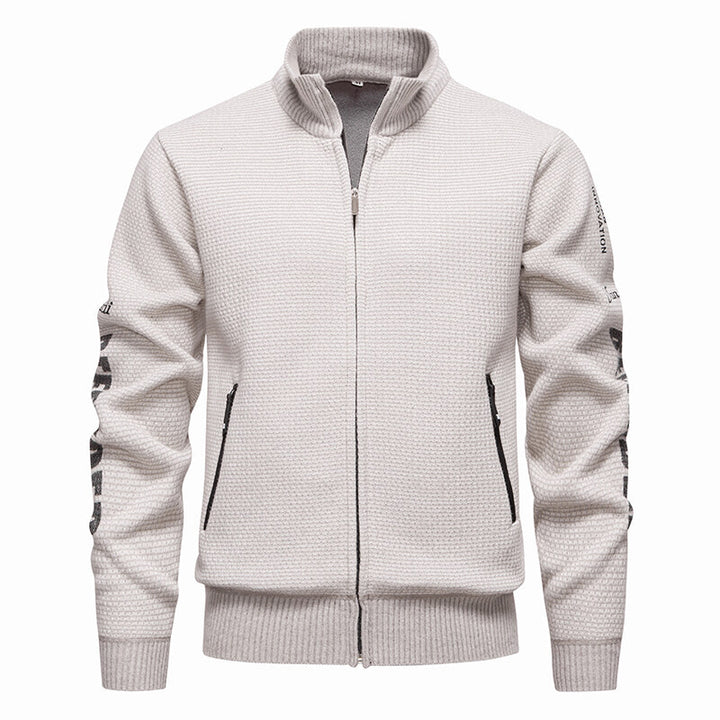 Herren Strukturierte Strickzipjacke mit Waffelstruktur, Stehkragen und Reißverschlusstaschen Drune