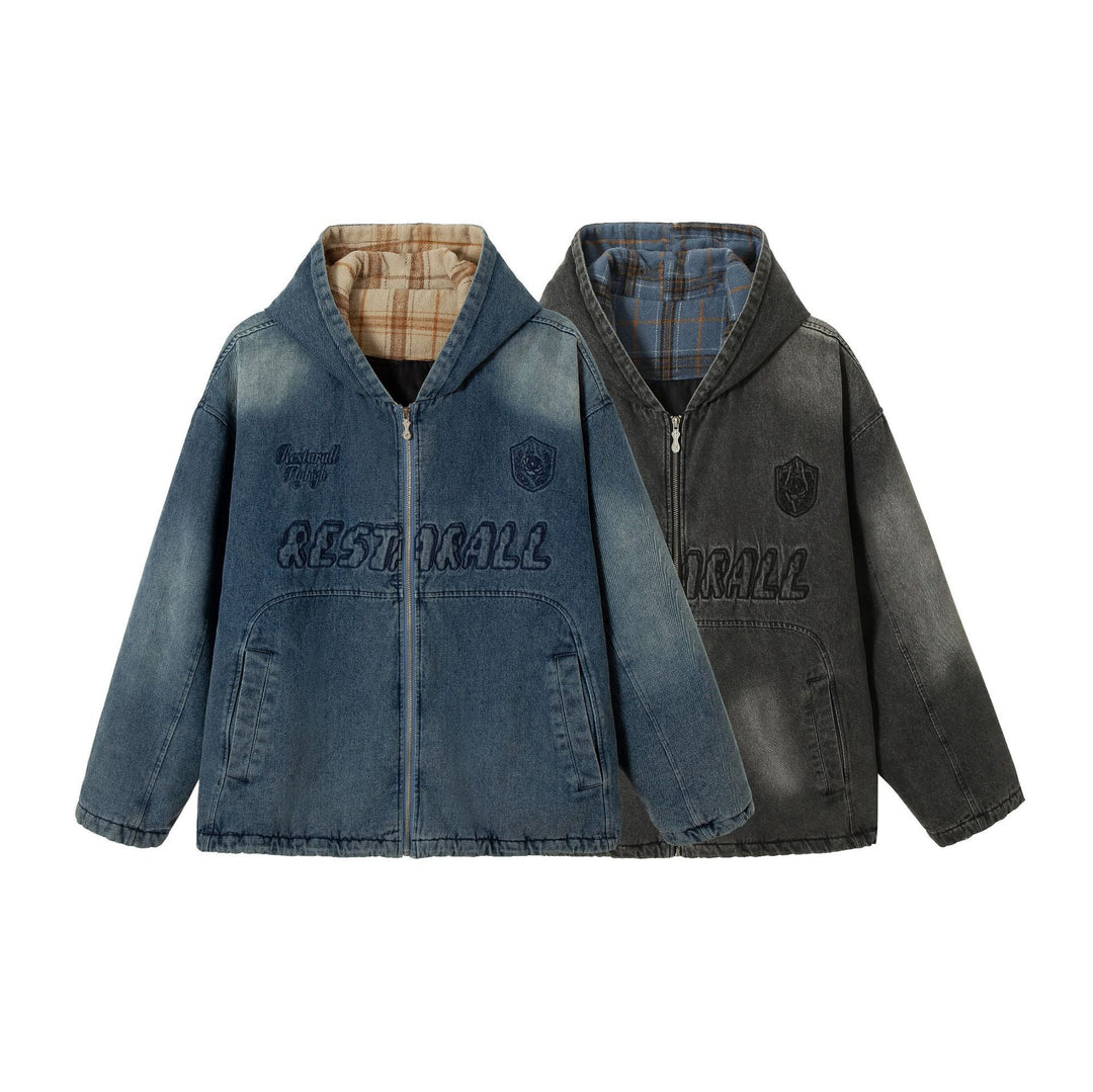 Herren Washed-Denim Kapuzenjacke im Oversize-Look mit kariert gefütterter Kapuze Drune