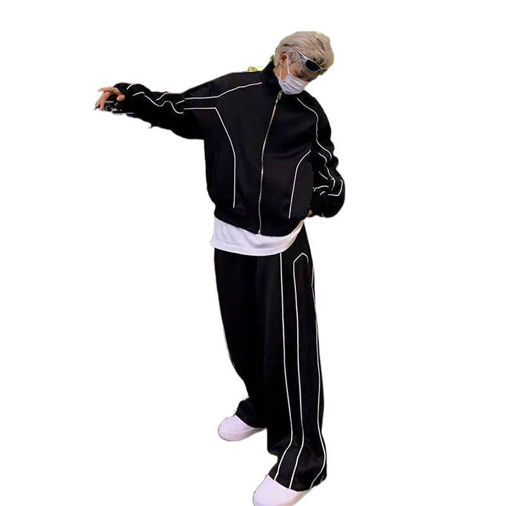 Unisex Oversize-Trainingsanzug-Set mit Kontrastpaspel, Reißverschlussjacke und weiter Bundhose Drune