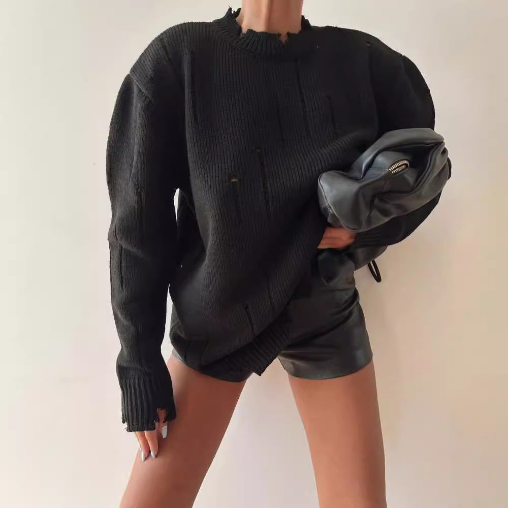 Damen Oversized Grobstrickpullover mit Distressed-Details und geripptem Saum Drune