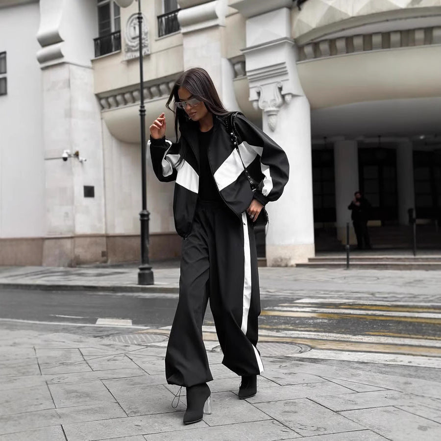 Damen sportives Zweiteiler-Set aus Oversize-Trackjacke mit Reißverschluss und weitem Bundfalten-Hose Drune