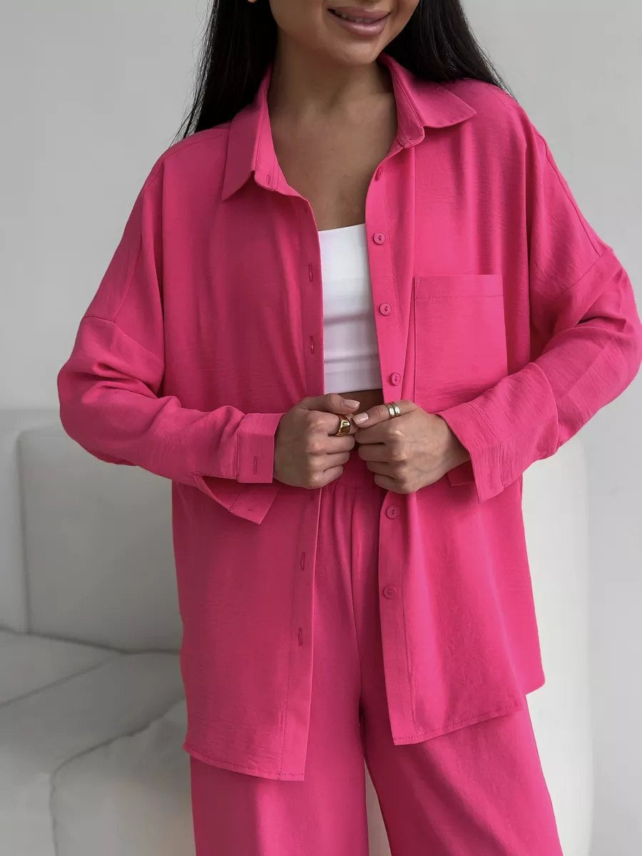 Damen Zweiteiliges Lounge-Set Oversize-Bluse mit Brusttasche und weiter Palazzo-Hose Drune