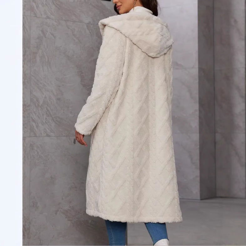 Damen Fluffy Mantel mit Kapuze und Knopfverschluss Drune