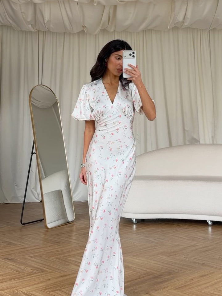 Damen Maxikleid mit floraler Satinoptik, taillierter Silhouette und kurzen Puffärmeln Drune