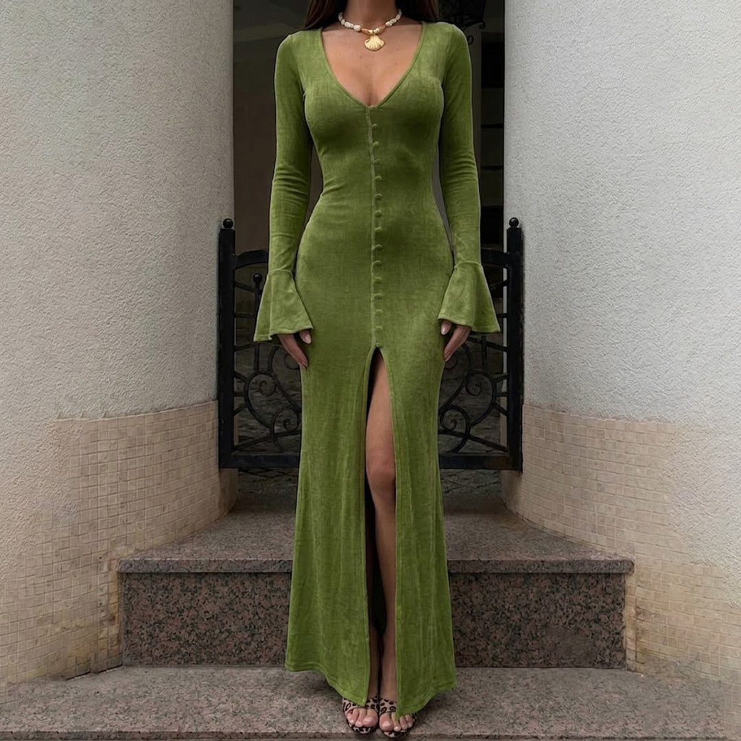 Damen Maxikleid mit figurbetonter Silhouette, durchgehender Zierknopfleiste und Glockenärmeln Drune
