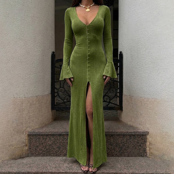 Damen Maxikleid mit figurbetonter Silhouette, durchgehender Zierknopfleiste und Glockenärmeln Drune