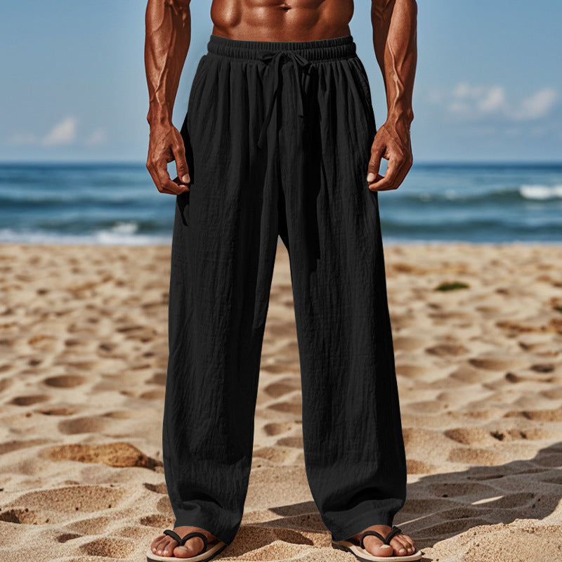 Herren Leichte Leinenhose mit weitem Schnitt, Elastikbund und Kordelzug Drune