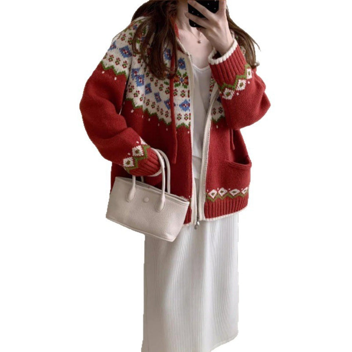 Damen Hübsche Strickjacke mit farbenfrohem Muster und Taschen Drune