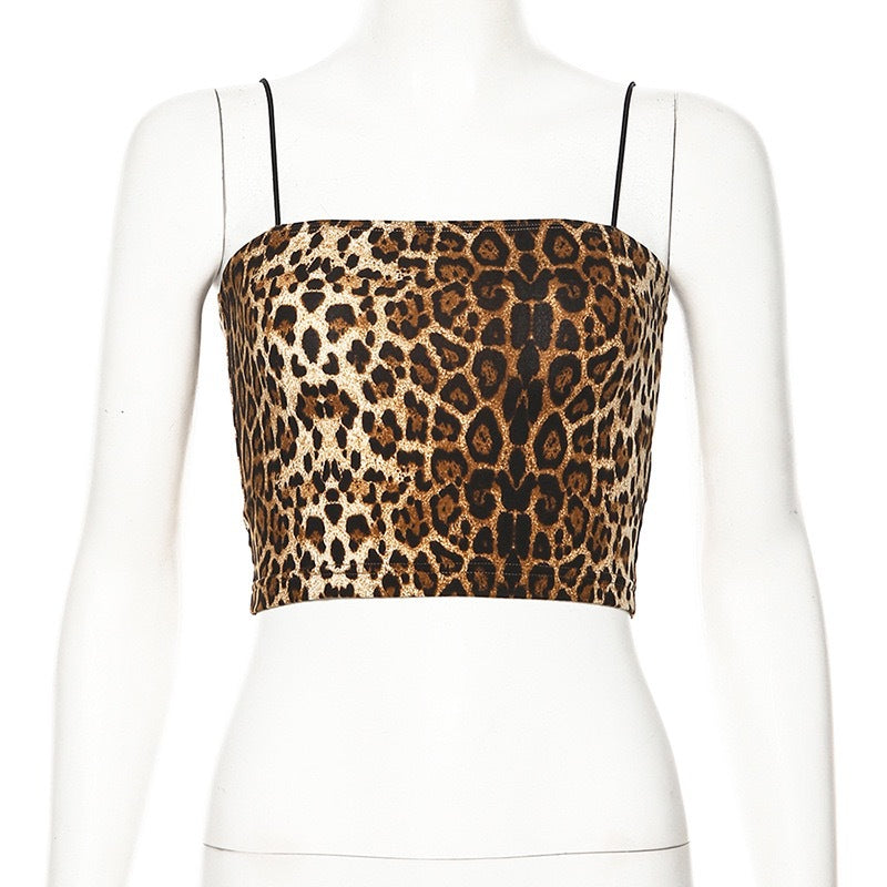 Damen trendiges Crop-Top mit animalischem Print und schmalen Spaghetti-Trägern Drune