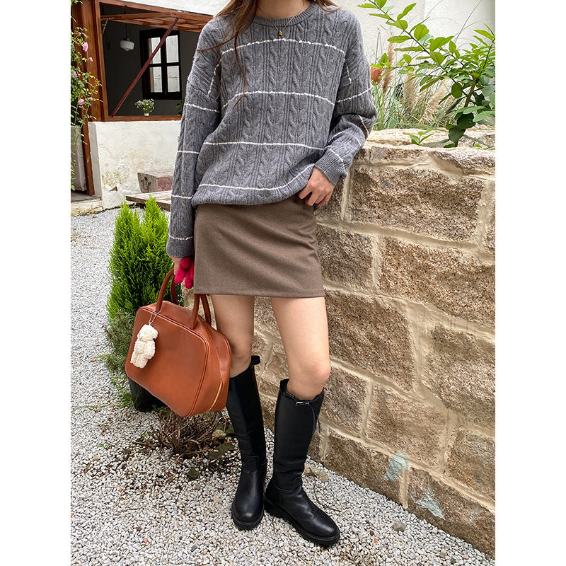 Damen lässiger Strickpullover mit Zopfmuster Drune