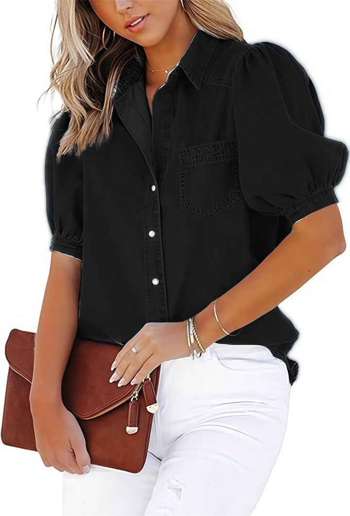 Damen lässige Denim-Bluse mit ballonärmel und praktischer Brusttasche Drune