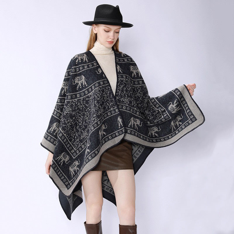 Damen Capeponcho im Wickelstil mit ornamentaler Jacquardstruktur und offenem Kimono-Fall Drune