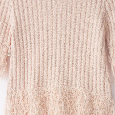 Damen Kurzarm Bouclé‑Cardigan mit Strukturstrick, Fransenbesatz und bezogenen Knöpfen Drune