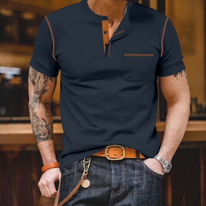 Herren nan urbanes Kurzarmshirt mit Stehkragen, halber Knopfleiste und Brusttasche Drune