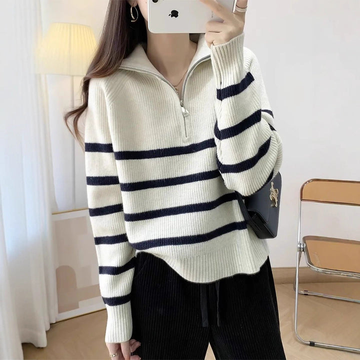 Damen gemütlicher Strickpullover mit Halbzipper Drune