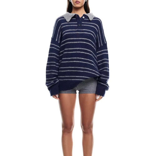 Damen lässiger Pullover mit kontrastierendem Kragen und modernen Streifen Drune