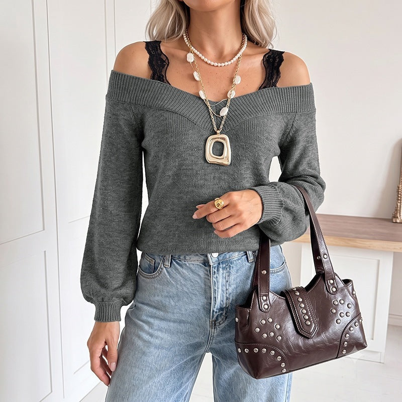 Damen Eleganter Off-Shoulder Pullover Drune
