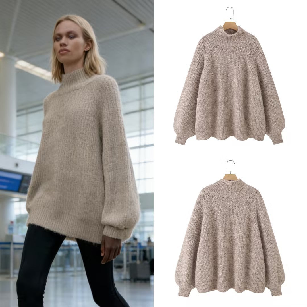 Damen Oversize Mohair-Optik Strickpullover mit Stehkragen und Ballonärmeln Drune