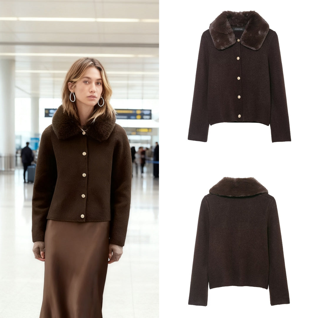 Damen Kurzgeschnittener Strickcardigan mit abnehmbarem Faux‑Fur‑Kragen Drune