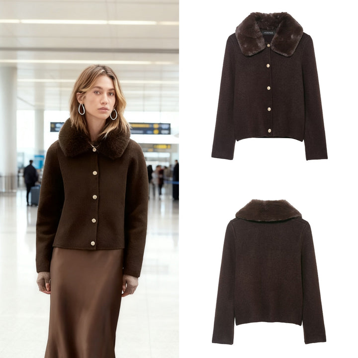 Damen Kurzgeschnittener Strickcardigan mit abnehmbarem Faux‑Fur‑Kragen Drune