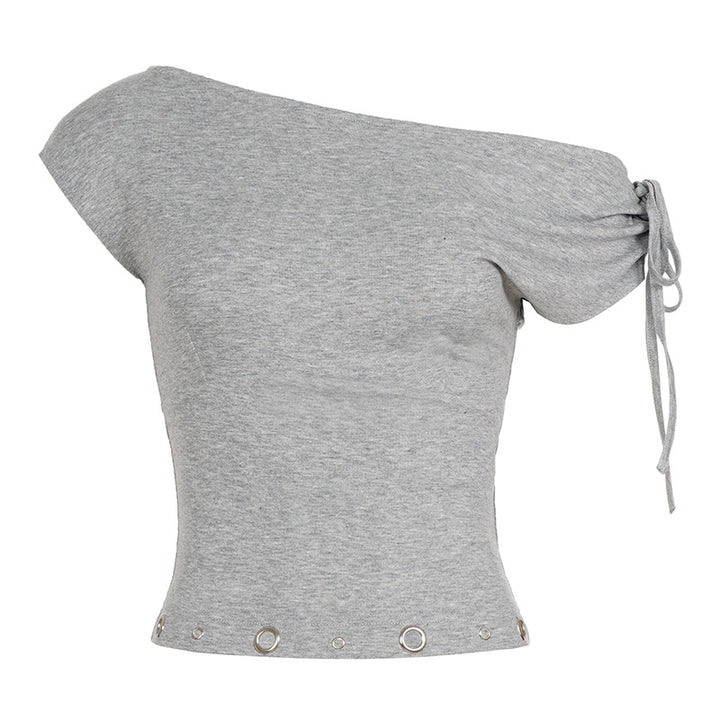 Damen asymmetrisches Oberteil mit dekorativen Schnürdetails und metallischen Ösen Drune