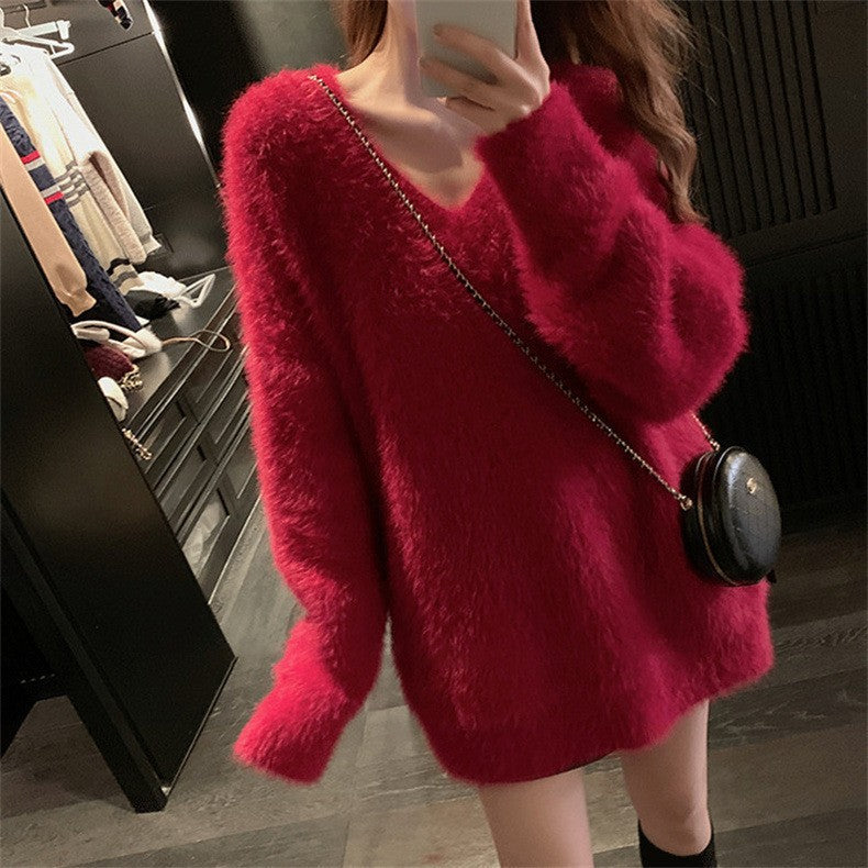 Damen flauschiger Pullover mit tiefem V-Ausschnitt und weiten Ärmeln Drune
