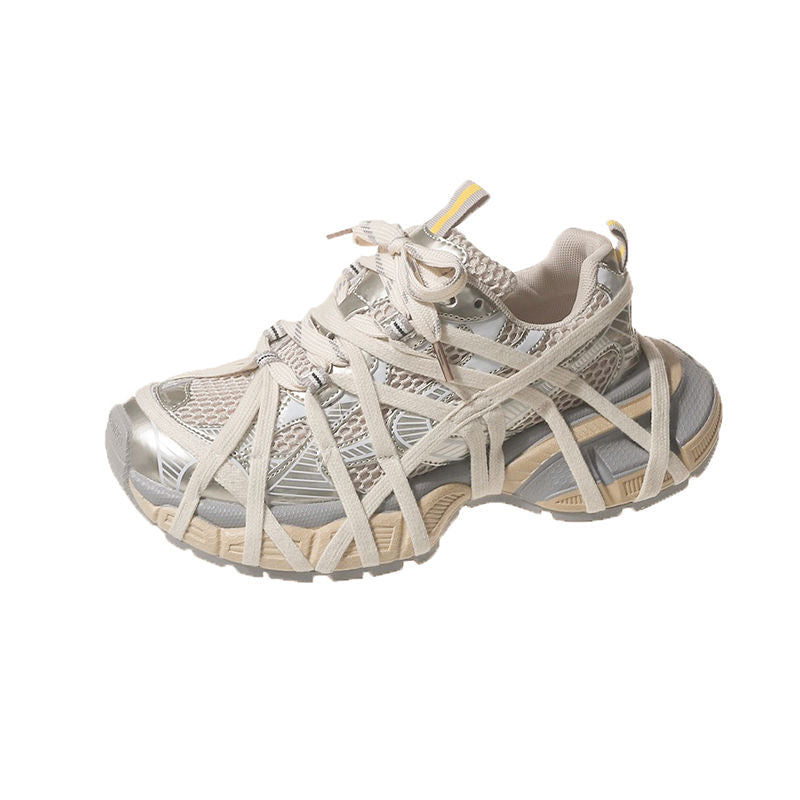 Damen Techno-Chunky-Sneaker mit atmungsaktivem Mesh, stabiler Plattformsohle und dekorativen Wickelriemen Drune