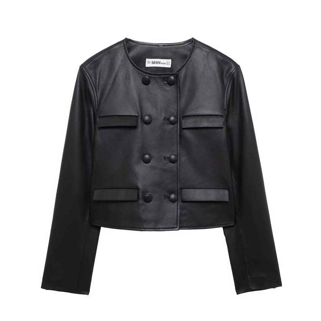 Damen nan cropped Kunstlederjacke mit Rundhalsausschnitt, doppelreihiger Knopfleiste und aufgesetzten Pattentaschen Drune