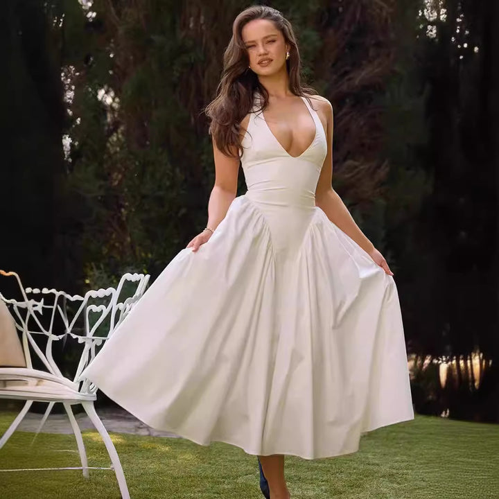 Damen Elegantes Kleid mit tiefem V-Ausschnitt und voluminösem Rock Drune