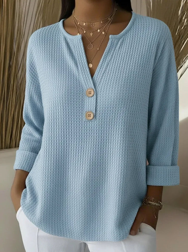 Damen nan Waffelstruktur Henley-Shirt mit V-Ausschnitt kurze Knopfleiste und krempelbaren 3/4-Ärmeln Drune