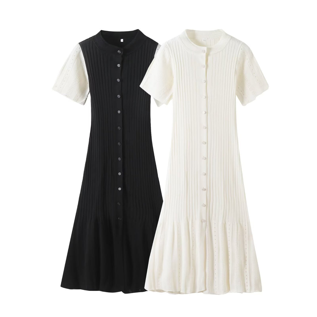 Damen knielanges Strickkleid mit eingeprägtem Muster und Knopfleiste Drune