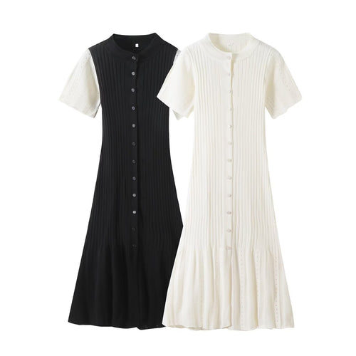 Damen knielanges Strickkleid mit eingeprägtem Muster und Knopfleiste Drune