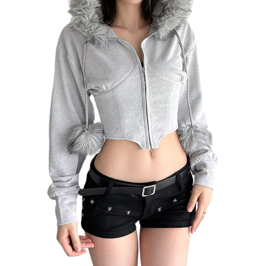 Damen nan kurzes Kapuzen‑Sweatshirt mit Kunstfellbesatz, Reißverschluss und Pompon-Kordeln Drune